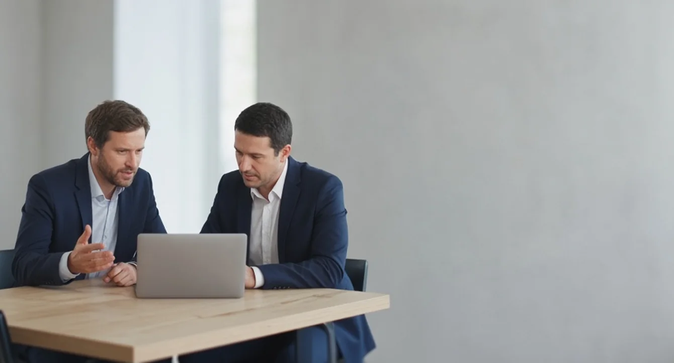 Advisers in discussion over a laptop.